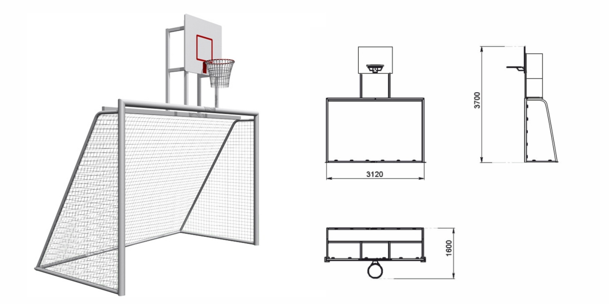 СО 83 Спортивное оборудование Гандбольные (Мини-футбольные) ворота с баскетбольным щитом, без сетки 3120х1600х3700